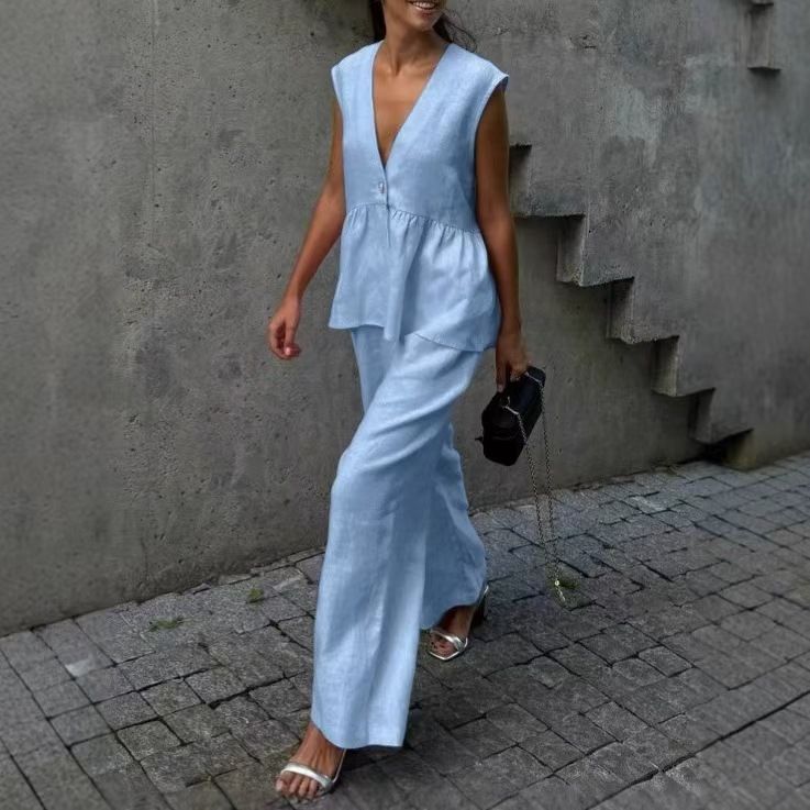 Women's Clothing Cotton V Neck Sleeveless Top Vest Trousers Suit Female New Solid Color Temperament Commuting Two Piece Suit_ecoleips.com