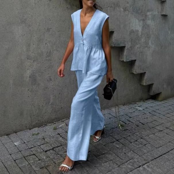 Women's Clothing Cotton V Neck Sleeveless Top Vest Trousers Suit Female New Solid Color Temperament Commuting Two Piece Suit_ecoleips.com