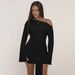 European American Fashion Solid Color Off-shoulder Long Dress With Bell Sleeves, Stylish Drape Details, And A_ecoleips.com