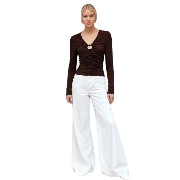 Voya Foreign Trade European And American Retro Brown V-neck Long-sleeve Top For Women With Buckle Design, Slim-fit Pleated_ecoleips.com
