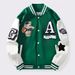 Women's Clothing Contrast Color Stitching Long Sleeve Letter Bear Patch Embroidery Loose Baseball Jacket_ecoleips.com