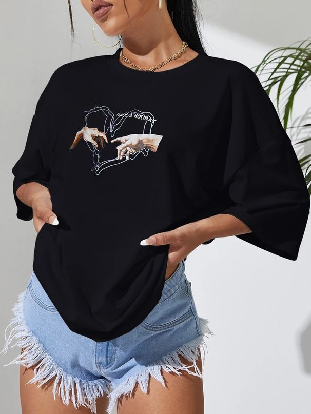Women's Casual Black T-Shirt round Neck Short Sleeve Cotton Polyester Loose Fit Heart Print Top for Spring/Autumn Summer_ecoleips.com