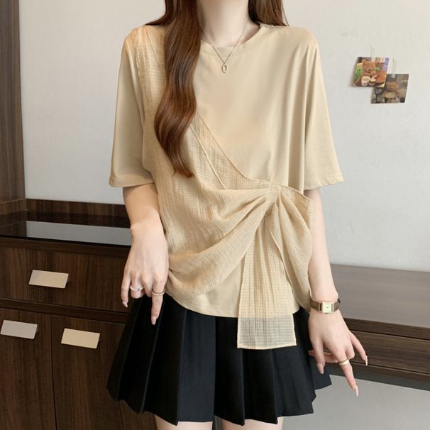 Women's Clothing Fat Mm Summer New Round Neck Gauze Splicing Short Sleeved T Shirt Look Thin And Age Reducing Casual Tops_ecoleips.com
