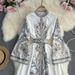 Women's Clothing Retro Temperament Long Sleeve Trumpet Sleeve Positioning Printing Waist Slimming Single Breasted A Line Elegant Long Skirt_ecoleips.com