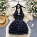 Glamorous Sequin Mesh Party Dress – V-Neck Halter Design With Puff Sleeves & Patchwork Detailing (Red/Black, S/M/L)_ecoleips.com