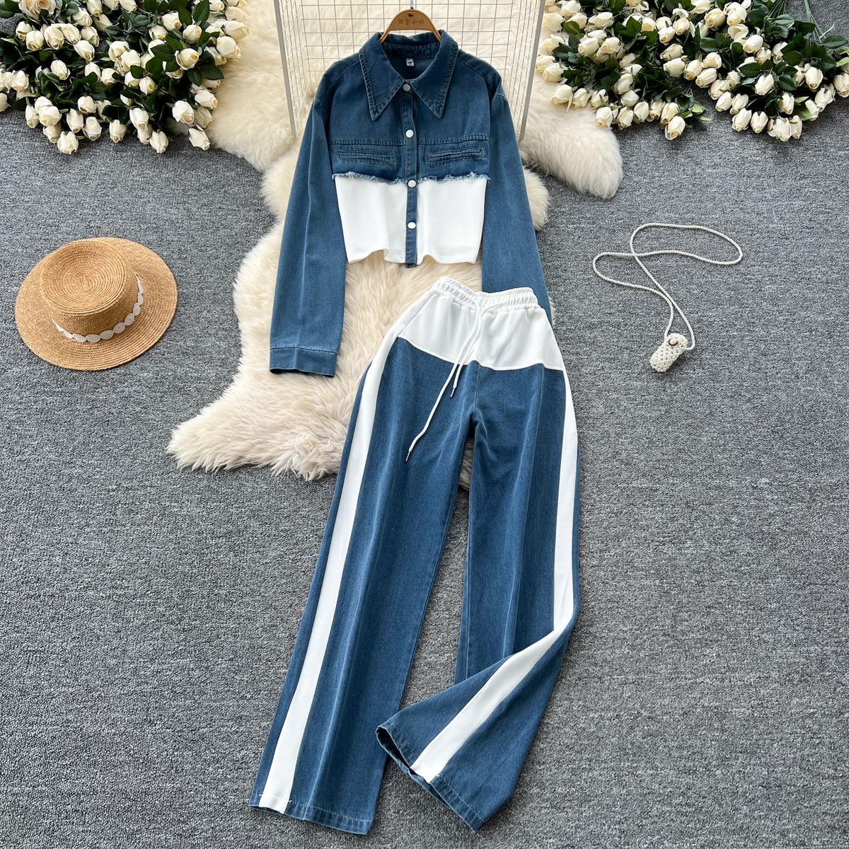 Women's Clothing High-Waisted Patchwork Denim Two-Piece Set With Lapel Jacket Casual New Style Wide Leg Straight Leg Pants_ecoleips.com