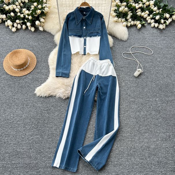 Women's Clothing High-Waisted Patchwork Denim Two-Piece Set With Lapel Jacket Casual New Style Wide Leg Straight Leg Pants_ecoleips.com