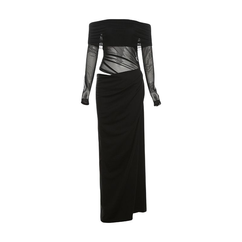 Women's Sexy Off Shoulder Sheer Mesh Panel Maxi Dress – Elegant Party Evening Gown_ecoleips.com