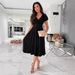 Commuter Solid Color V-Neck Waist Puff Sleeve Big Swing Dress Women's Clothing_ecoleips.com
