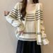 Women's Clothing Autumn New Fat MM Large Size New Casual Striped Knitted Suit Suspenders Cardigan Tops Female Two Piece Suit_ecoleips.com