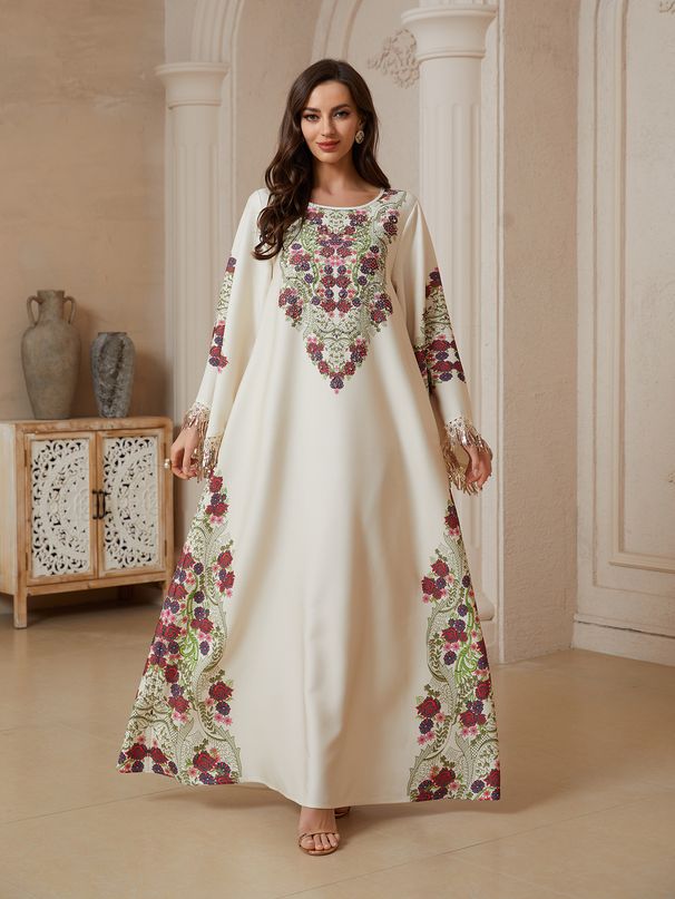 Women's V Neck Long Robe Printed Tassel Elegant Cross Border Elegance Muslim Fashion Clothing SW2614_ecoleips.com