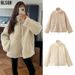 Women's High-Neck Faux Shearling Coat – Oversized Tweed Jacket With Fur Trim (Beige/Khaki/Brown/Leopard, S/M/L/XL)_ecoleips.com