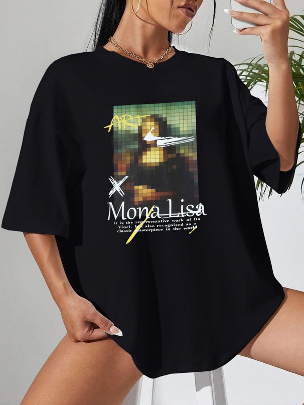 Women's Black round Neck T-Shirt Simple Casual Export Top with Oil Painting Print Loose Fit Short Sleeve Fashionable_ecoleips.com