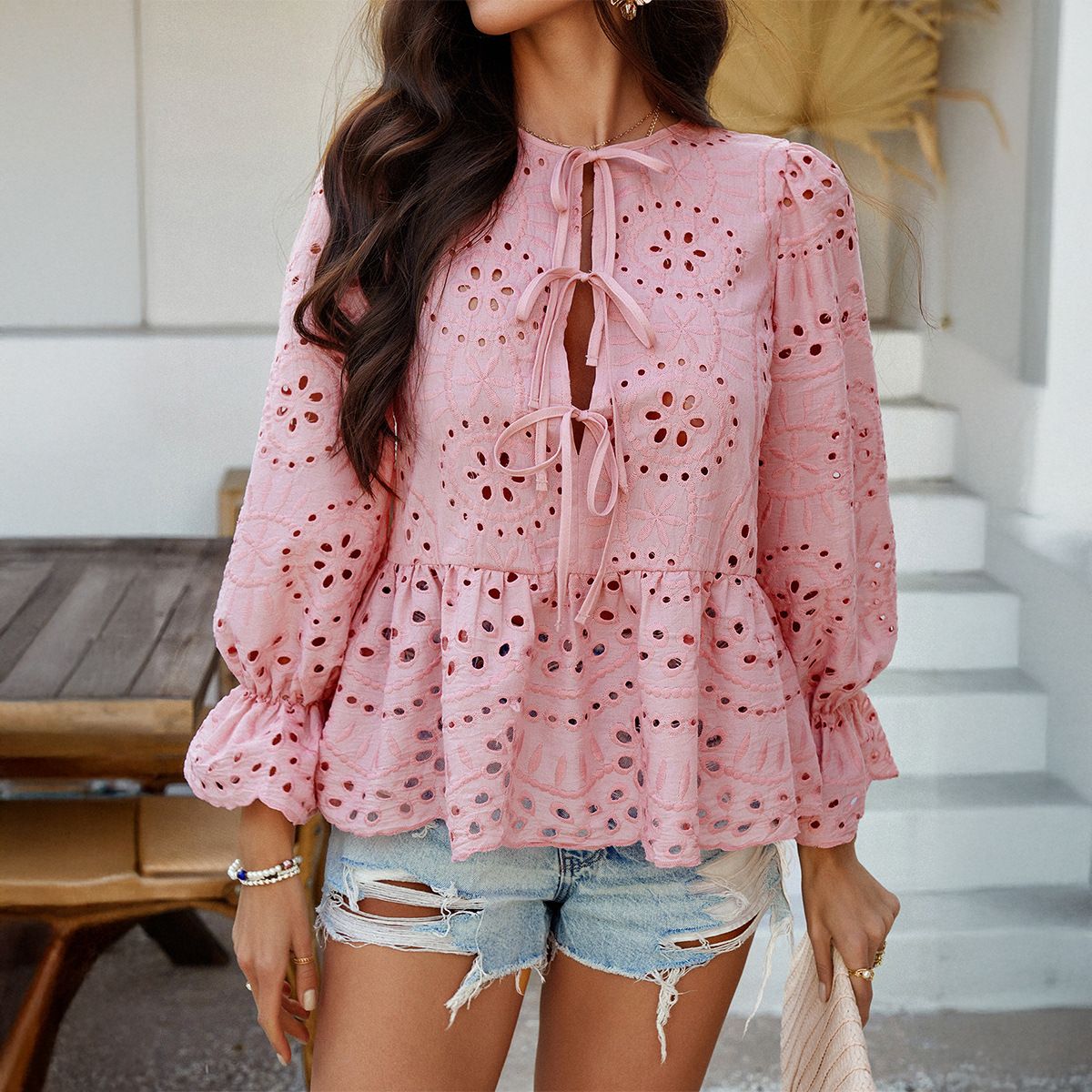 Diyun European And American 2025 Spring Summer Casual Vacation Loose Lace-Up Cardigan Solid Color Hollow_ecoleips.com