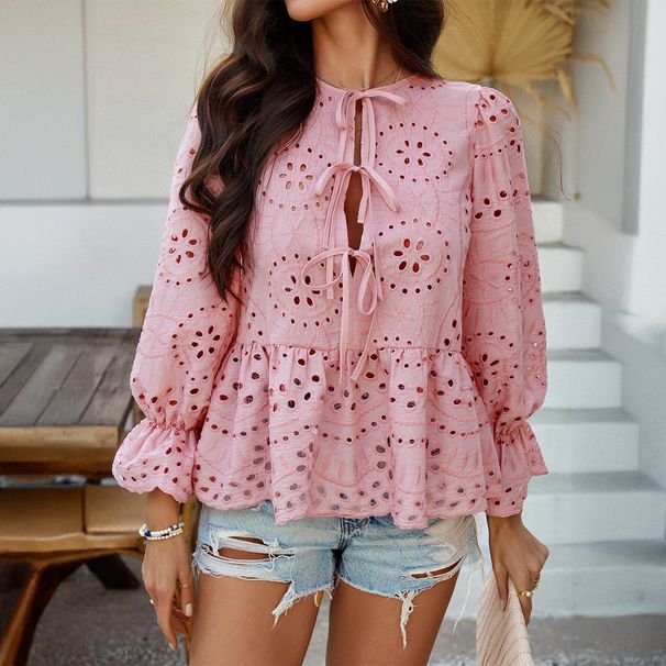 Diyun European And American 2025 Spring Summer Casual Vacation Loose Lace-Up Cardigan Solid Color Hollow_ecoleips.com