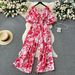 European And American Style Women's Vacation Jumpsuit Long Youthful Puff Sleeves Elastic Waist Slimming Wide Legs_ecoleips.com