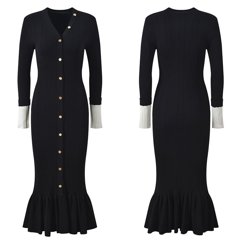 Women's Clothing Elegant V-Neck Long Sleeve Knitted Dress - Slimming Fishtail Hem In Pink, Burgundy, Black & Green_ecoleips.com
