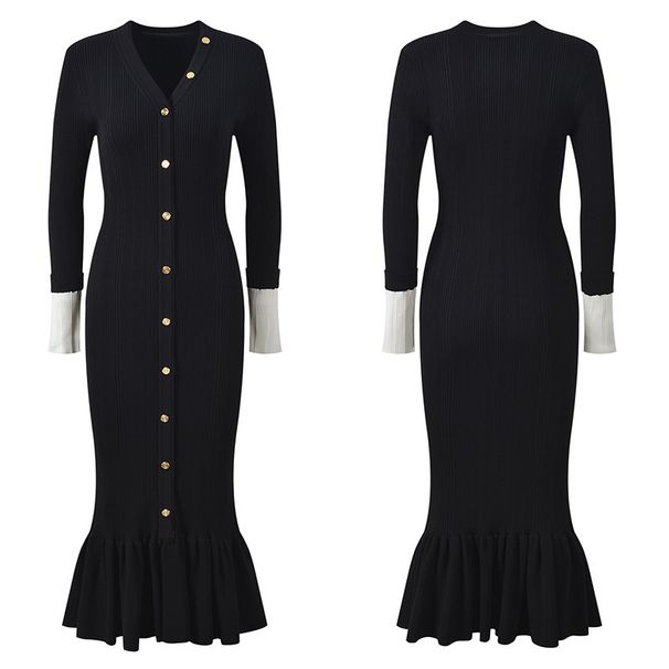 Women's Clothing Elegant V-Neck Long Sleeve Knitted Dress - Slimming Fishtail Hem In Pink, Burgundy, Black & Green_ecoleips.com