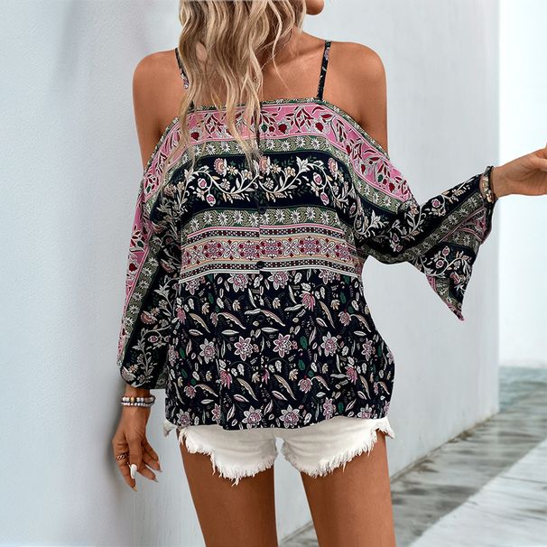 Women's Clothing Suspender Tops Bat Sleeves Ethnic Style Printed Shirts For Women_ecoleips.com