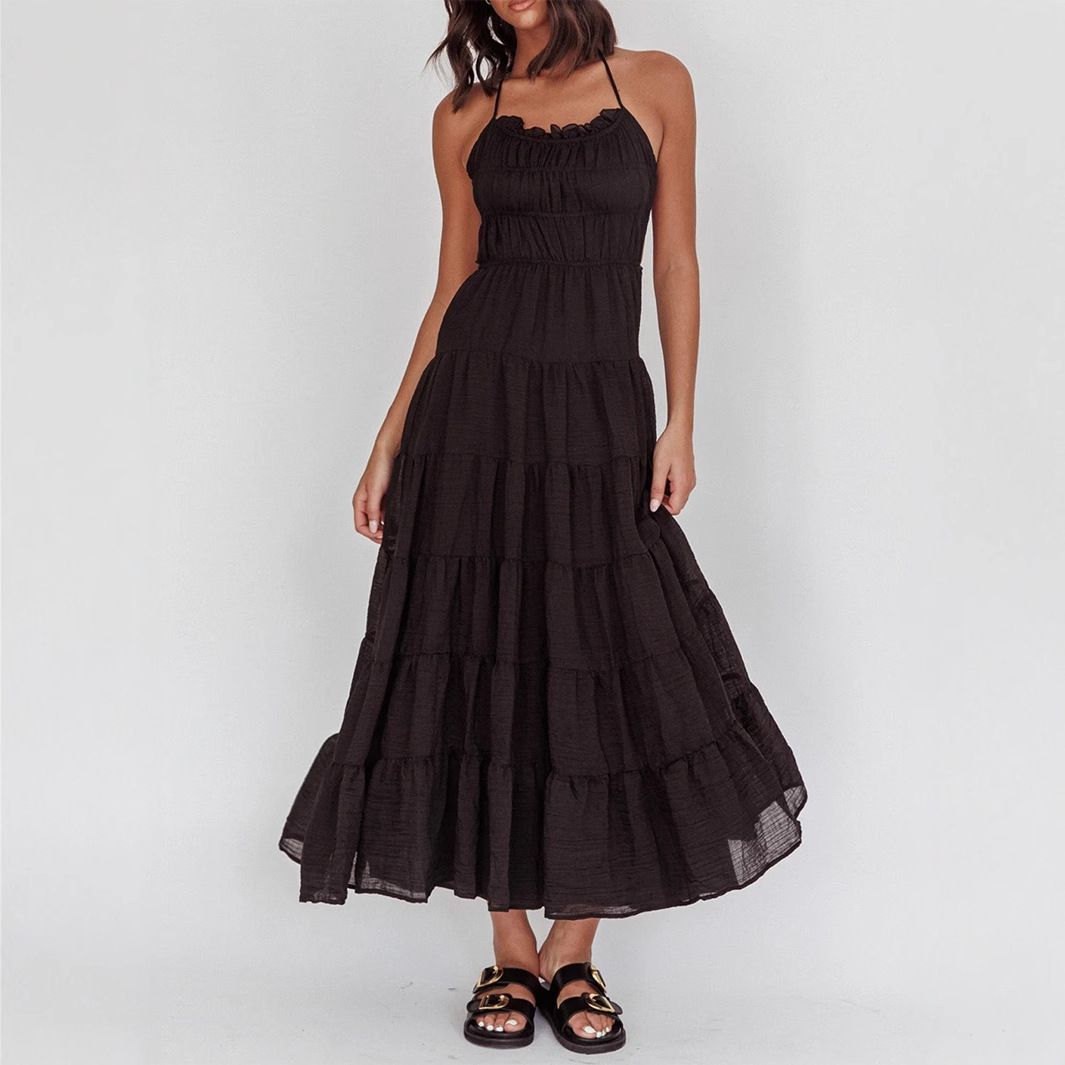 Women Resort Casual Style Sexy Halter Neck Self‑Tie Waist Slimming Dress Beach Summer Wear_ecoleips.com