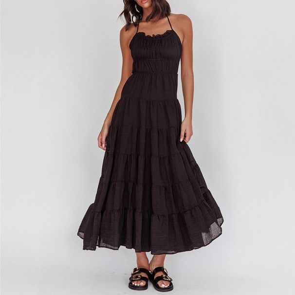 Women Resort Casual Style Sexy Halter Neck Self‑Tie Waist Slimming Dress Beach Summer Wear_ecoleips.com