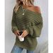 Elegant Batwing Sleeve Knit Sweater Women's Solid Color Oversized Pullover - Crew Neck, Textured Stripe, Comfy Acrylic Fabric For Work & Casual_ecoleips.com