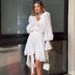 Talenza Ruffled Ruched Dress Women's Puff Sleeve V Neck Lace Up Elegant Mini Dress 2025 Summer Female Fashion Casual Loose Dress_ecoleips.com