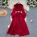 Women's Elegant Long Skirt Dress French Retro Court Style Beaded Single-Breasted Belted Embroidered Mesh Gown_ecoleips.com