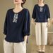 Spring/Summer Plus-Size Women's Cotton-Linen Embroidered Short-Sleeve Top, Artistic Vintage Loose Casual Cotton Mid-Slee_ecoleips.com