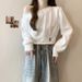 European American Style Short Sweatshirt For Petite Women, Autumn Loose Fit, Versatile, With A Diagonal Neckline And_ecoleips.com