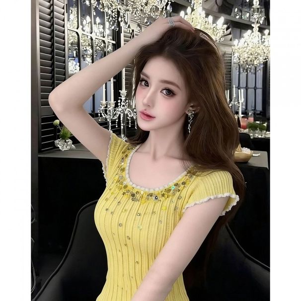 Dopamine-style Yellow Sequin Short-sleeve W, 2026 Summer Sweet Style Slim-fit Age-reducing Knitted Top T-shirt For_ecoleips.com