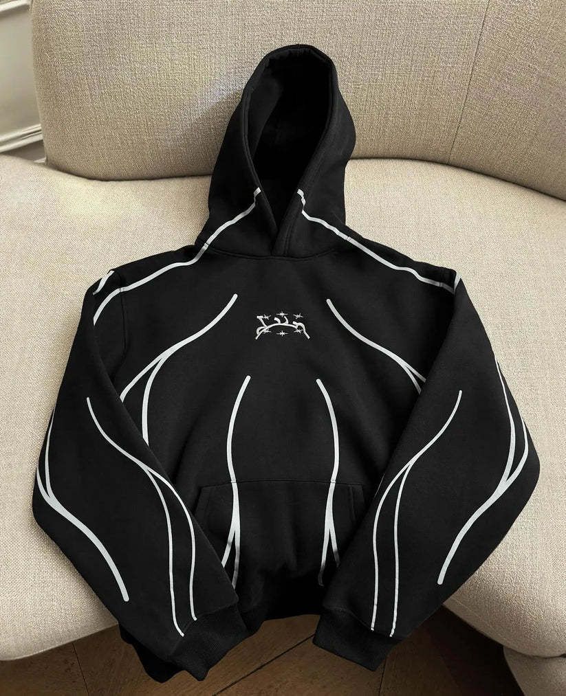 Y2K Retro Striped Hoodie – Unisex Oversized Pullover With 3D Print (S-4XL, Black/Blue) – 90s Streetwear Essential_ecoleips.com