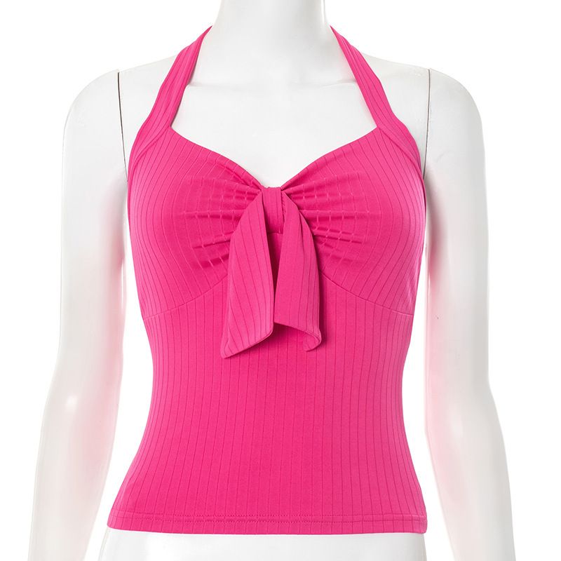 Summer Women's Low Cut Bow Solid Color Top European American Style Versatile Slim Fit Short Halter Neck Wholesale 2025_ecoleips.com