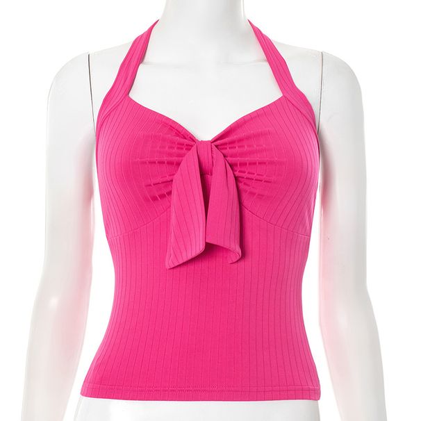 Summer Women's Low Cut Bow Solid Color Top European American Style Versatile Slim Fit Short Halter Neck Wholesale 2025_ecoleips.com