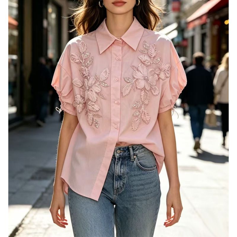Women's Clothing Heavy Duty Collared Short Sleeved Shirt Loose Fit Slimming Design Niche Style Top For Summer_ecoleips.com