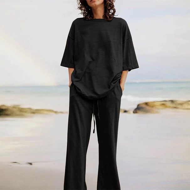 Audday Women's 2-Piece 2024 Summer Xiyin Casual Belt Pocket Half-Sleeve Top And Wide-Leg Pants Set For Women_ecoleips.com
