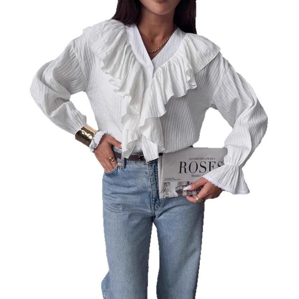 V-Neck Flounce Sleeve Blouse – French Vintage Inspired Oversized Cotton Shirt (S-XXL, White)_ecoleips.com