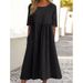 Spring Summer New Women's Casual Loose Long Dress 2023 round Neck 5 Sleeve plus Size Solid Color Cotton Cross Border Trade_ecoleips.com