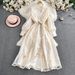 Women's Fitted Waist Dress Heavy Embroidery V Neck Lantern Sleeves Single Breasted Long Dress Autumn Winter 2025_ecoleips.com