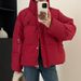 Women's Embroidered Puffer Jacket – Korean-Style Oversized Duck Down Coat With Stand Collar (Black/White/Gray/Taupe/Red, One Size)_ecoleips.com