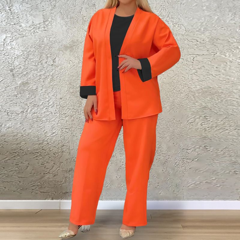 Women's plus Size Color-Block Cardigan Top with round Neck Sleeveless Vest Elastic Waist Pocket Straight Leg Trousers Casual Set_ecoleips.com