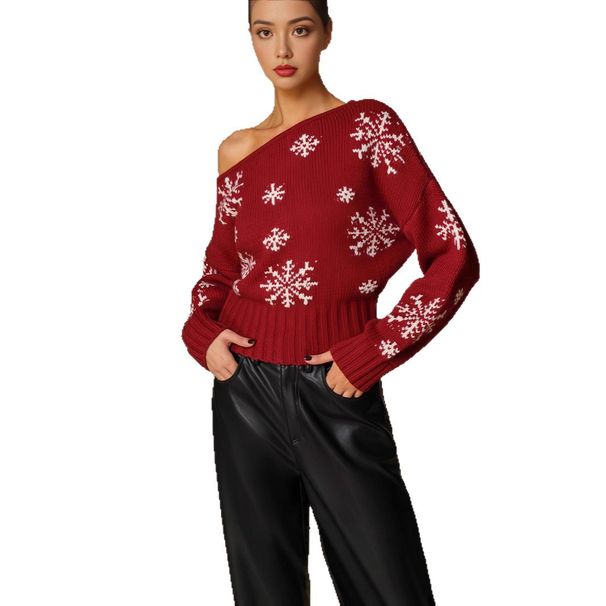 "Festive Off-Shoulder Christmas Sweater - Red Snowflake Knit Pullover For Women (XS-XXL)"_ecoleips.com