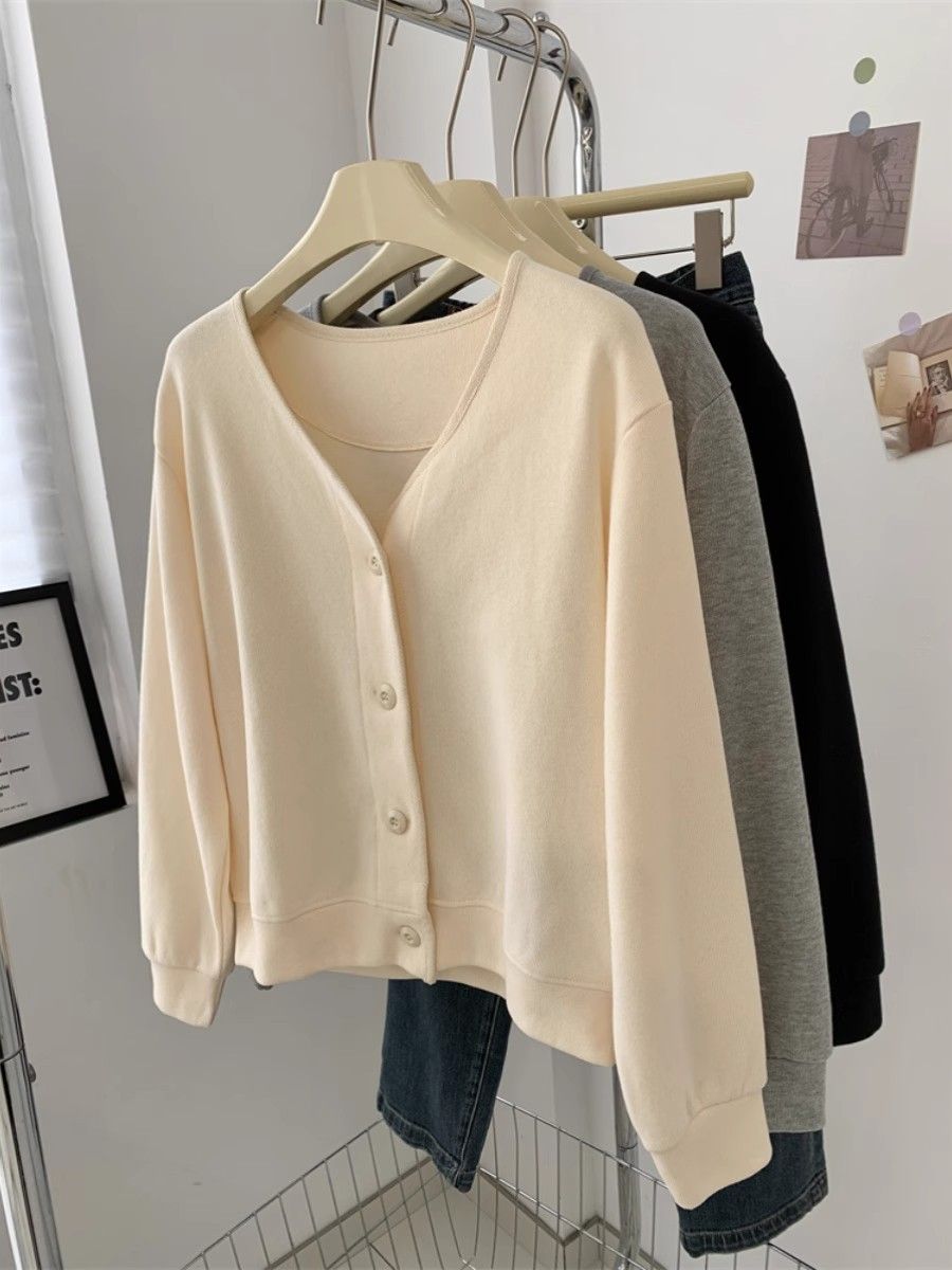 European American Style Korean V-neck Button-up Cardigan Jacket For Women, Spring And Autumn, Solid Color, Loose Fit,_ecoleips.com