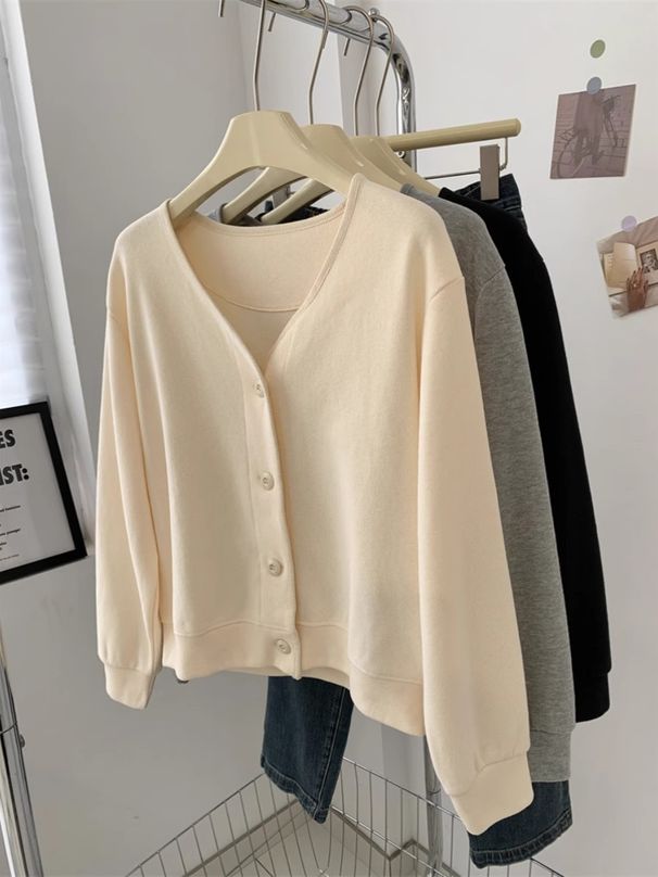 European American Style Korean V-neck Button-up Cardigan Jacket For Women, Spring And Autumn, Solid Color, Loose Fit,_ecoleips.com