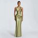 Women's Clothing Satin Off-Shoulder Long Dress Style Asymmetrical Pleated Waist Fishtail Draped Skirt Hollow Out Design_ecoleips.com
