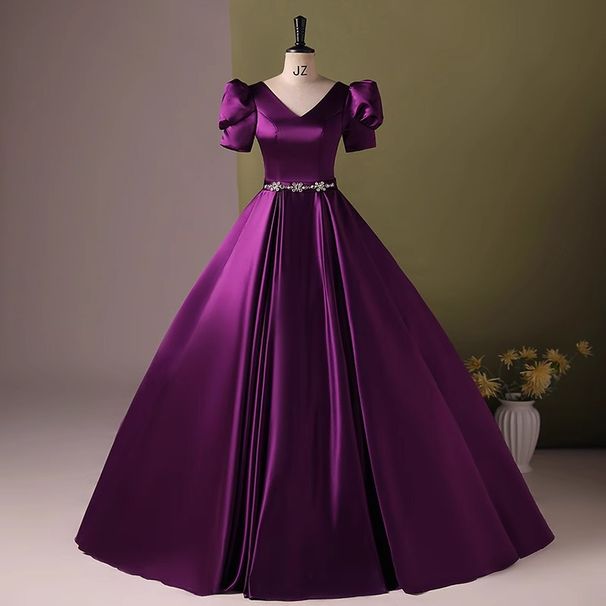 Women's Clothing Lavender Performance Gown For Hosts & Vocalists – Deep V-Neck Ball Gown With Lace-Up Back (XS-XXXL, Puffy Sleeves, High Waist)_ecoleips.com