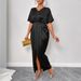 Summer New Arrival Women's Solid Color Satin V-Neck Short Sleeve Fitted Waist Skirt With Side Slit Long Skirt_ecoleips.com