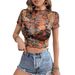 European And American Cross-border 2026 New Mesh Printed Ruffle Short-sleeve T-shirt Slim-fit Top For Women_ecoleips.com