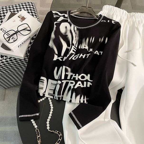 Women's Clothing Internet Celebrity Long Sleeved Pants Suit Cotton Letter Round Neck Printing Urban Leisure Fashion Suit_ecoleips.com