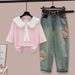 Women's Clothing Women's Fashionable Two-Piece Set With Navy Collar Lace Trimmed Faux Top Paired With Ethnic Style Style Jeans_ecoleips.com